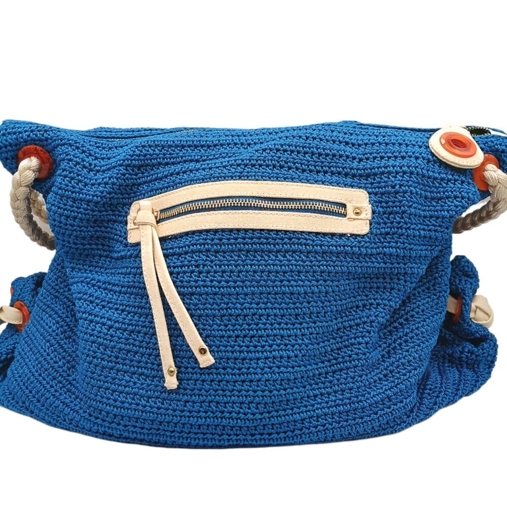 The Sak Indio Crochet Hobo Bag Large Blue Slouchy Boho Braided Handle Retro 70s